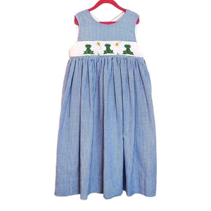 Smocked Frocks‎ Girl's Blue Gingham Smocked Dress Sz 7 Frogs Blue White Checked